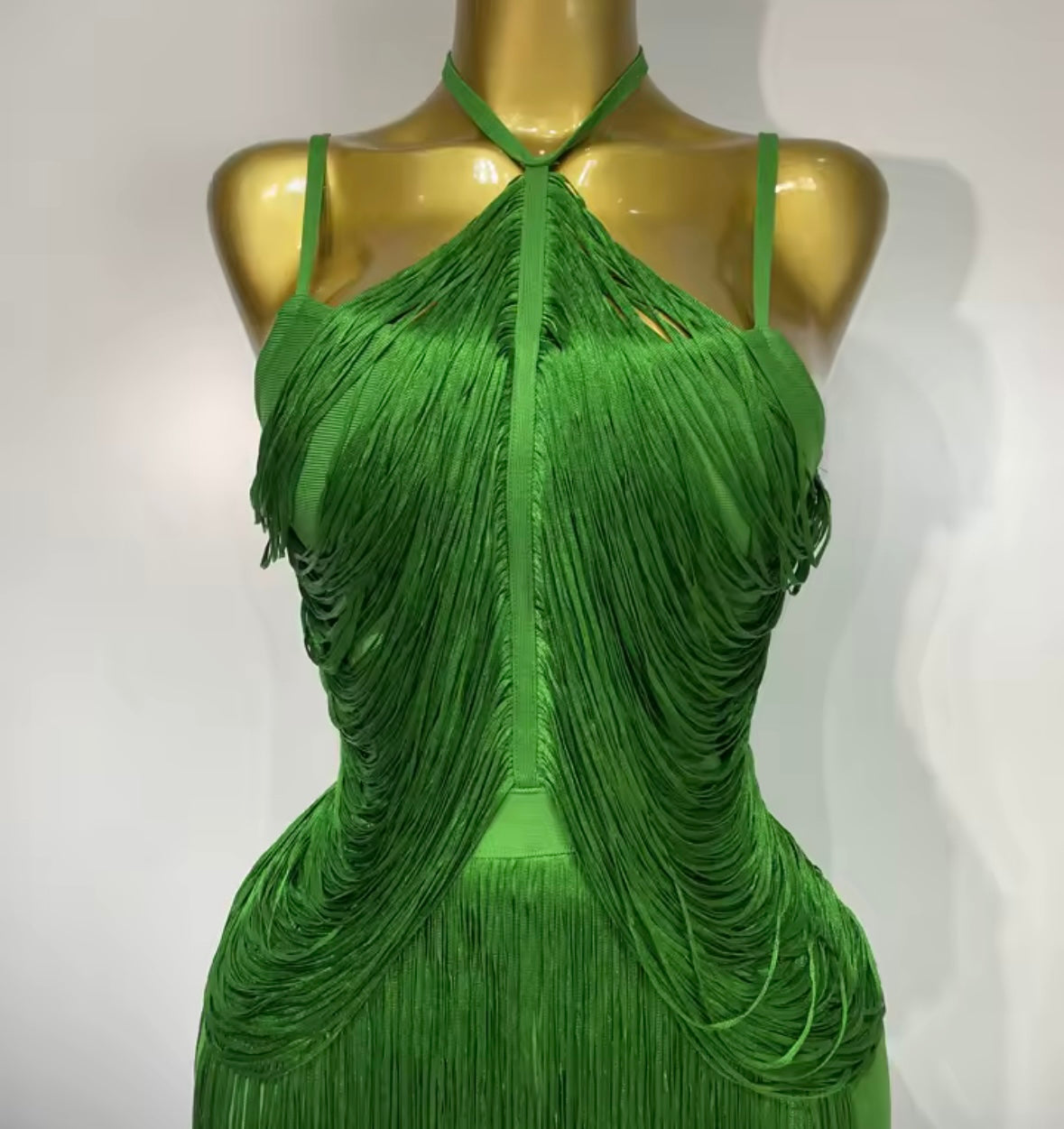 Green Halter Elegant Fringe Tassel Maxi Dress