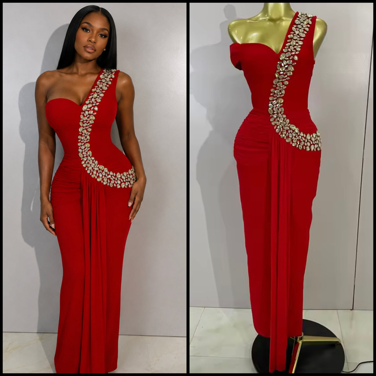 Elegant Rhinestone One Shoulder Maxi Dress