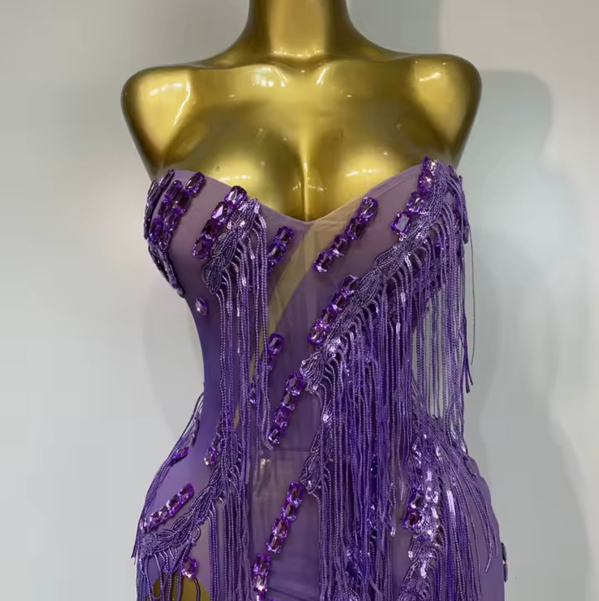 Purple Sexy Strapless Rhinestone Fringe Tassel Side Split Maxi Dress