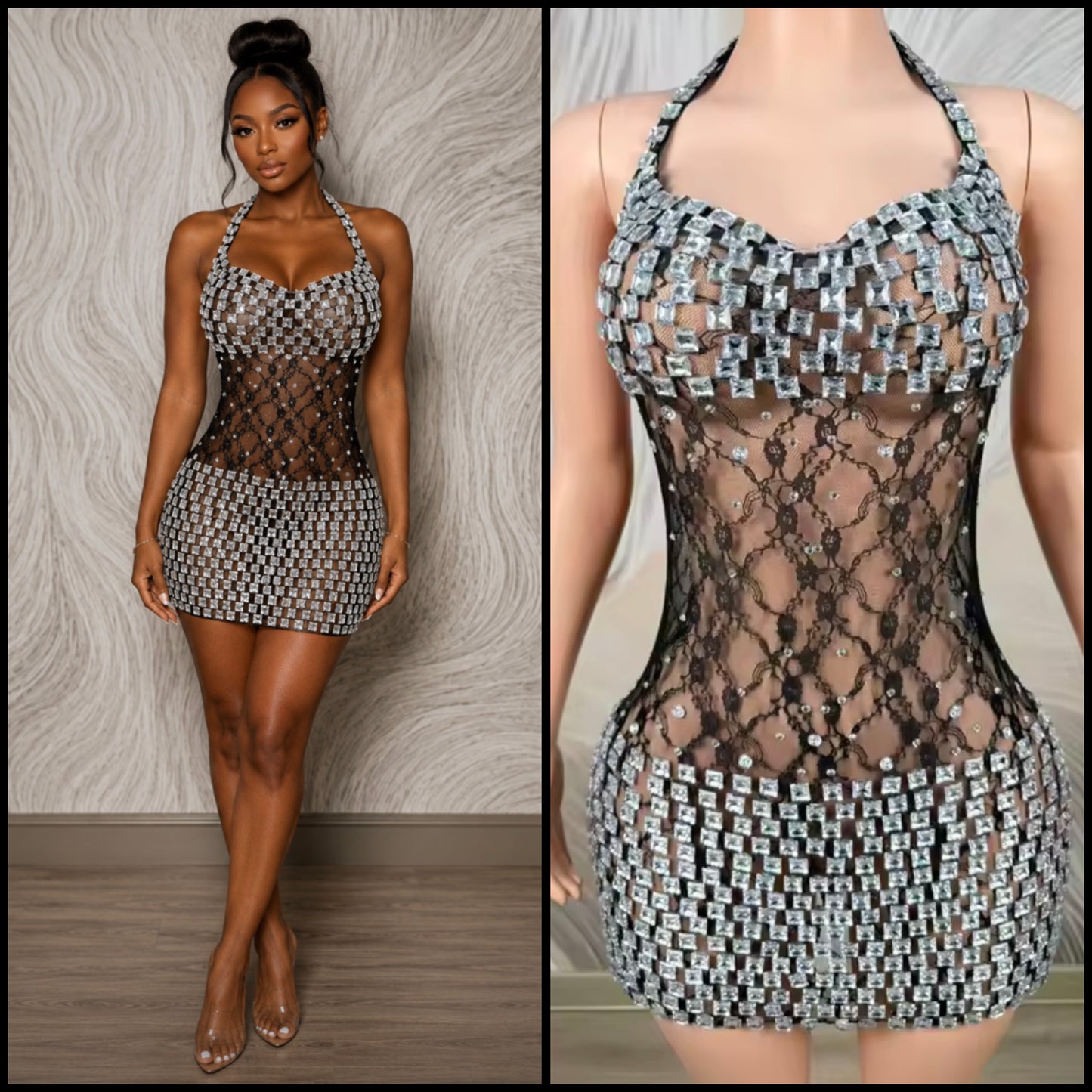 Sexy Lace Rhinestone Halter Sleeveless Dress