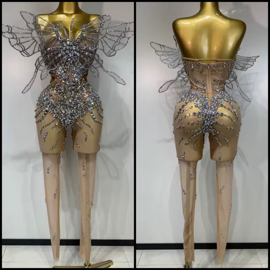 Sexy See Through Rhinestone Butterfly Jumpsuit