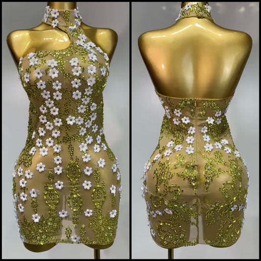 Sexy Halter Sleeveless Flower See Through Short Dress