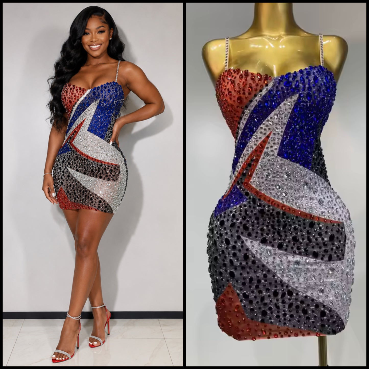 Sexy Sleeveless Color Patchwork Rhinestone Dress