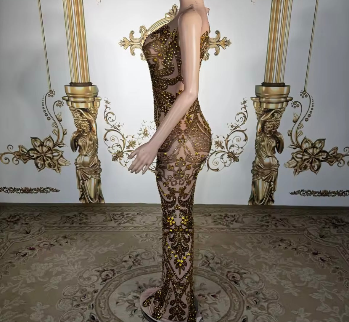 Sexy Sleeveless Gold Rhinestone Embellishment Maxi Dress