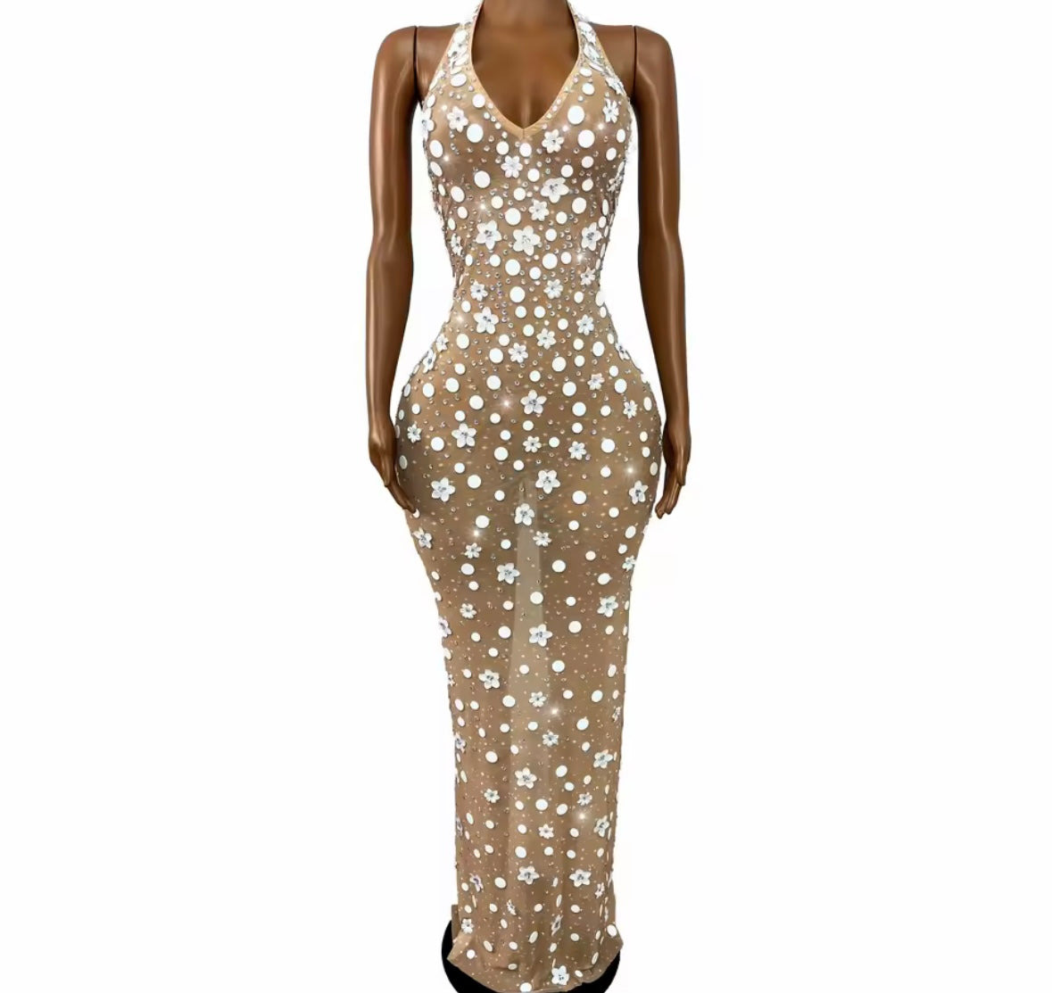 Sexy Halter Sleeveless Floral Rhinestone See Through Maxi Dress