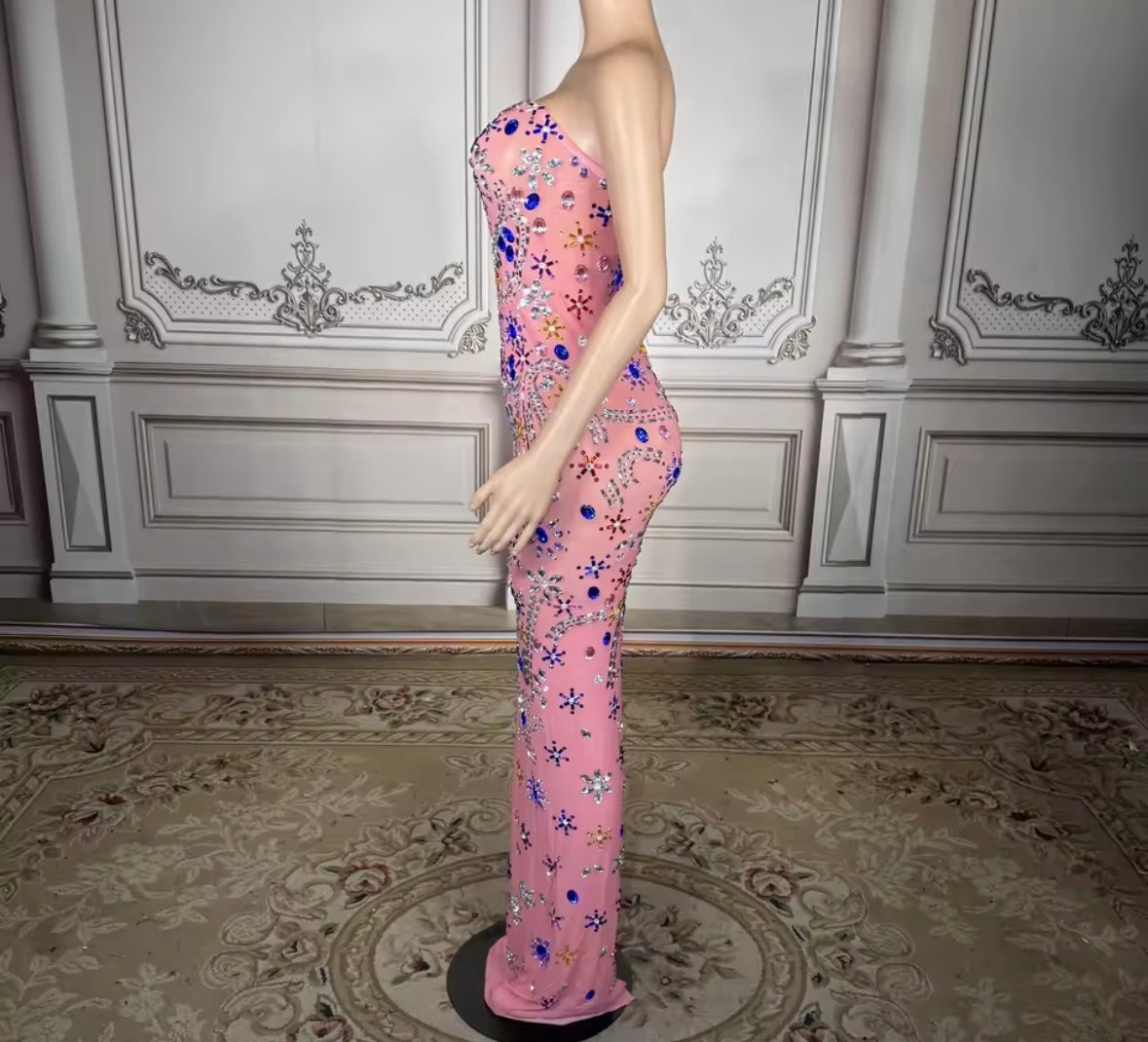 Pink Sexy Strapless Crystal Rhinestone Maxi Dress