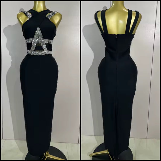 Black Sexy Sequins Sleeveless Floor-Length Dress
