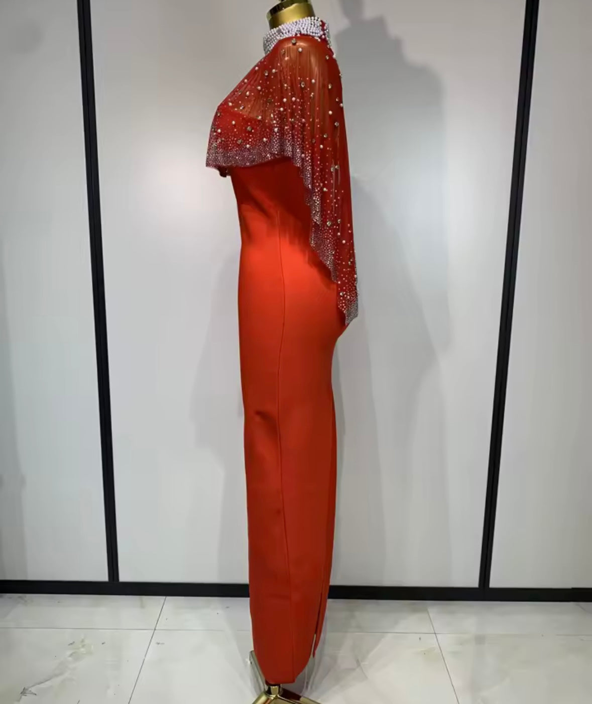 Elegant Red Beaded Rhinestone Cloak Strapless Maxi Dress