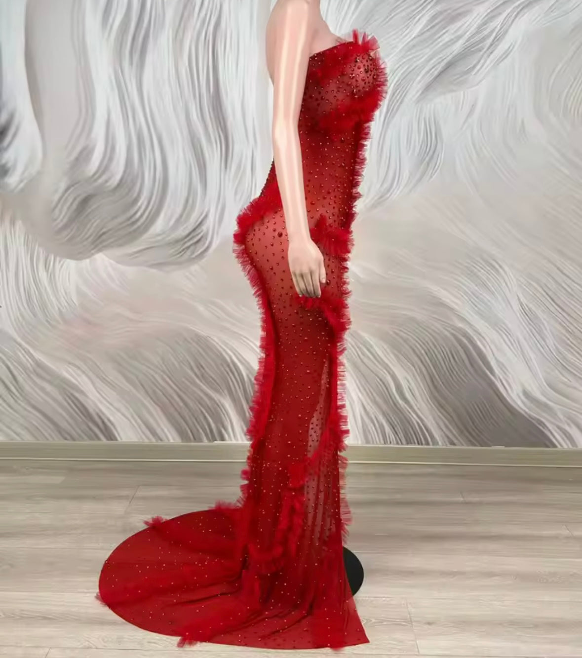 Sexy Strapless Ruffle Rhinestone See Through Side Split Maxi Dress