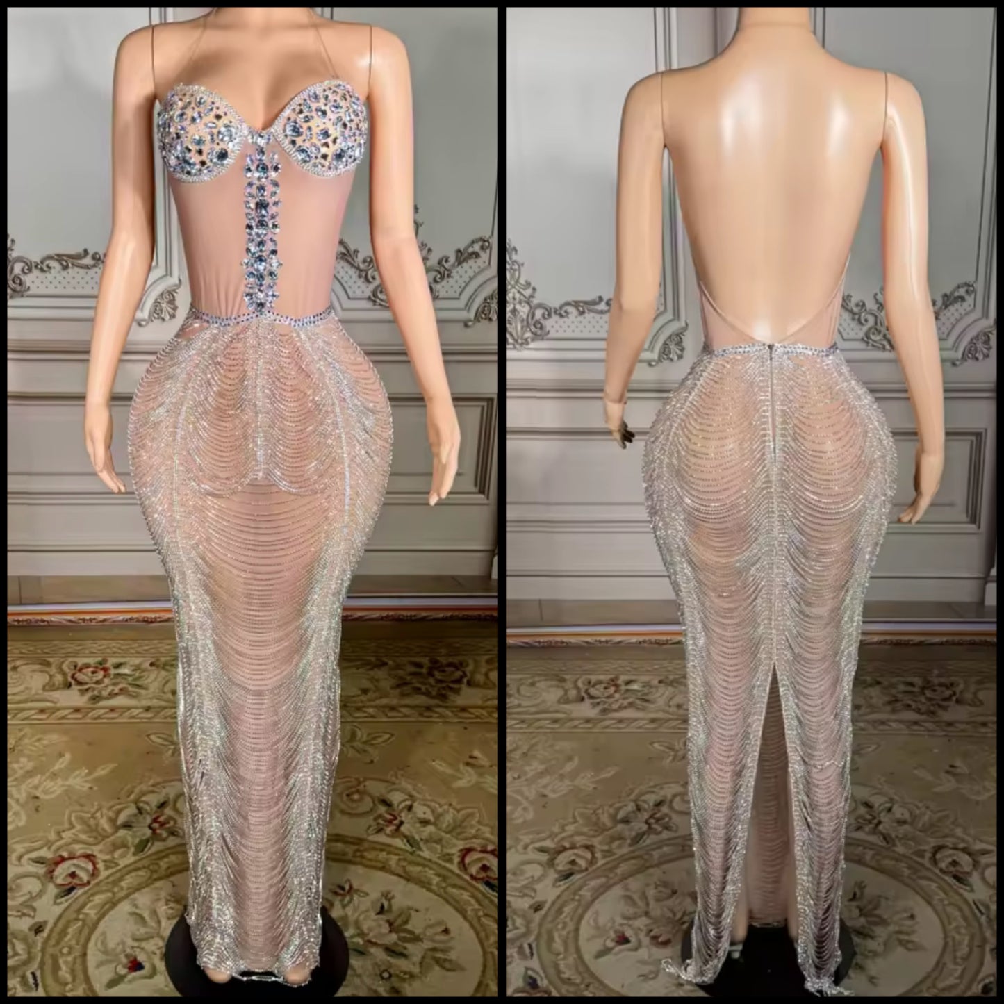 Sexy Halter Sleeveless Rhinestone Chain Maxi Dress