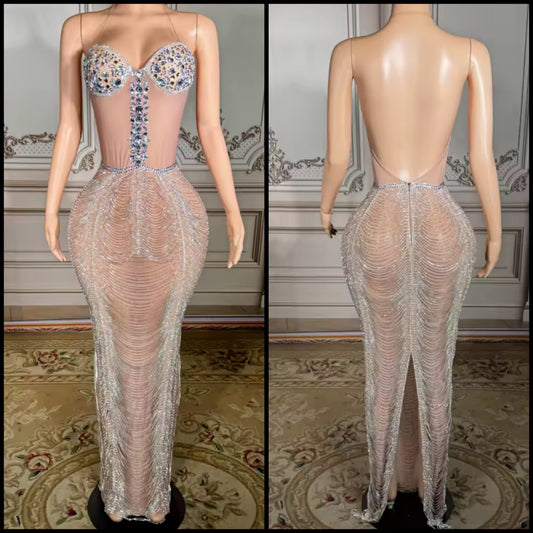 Sexy Halter Sleeveless Rhinestone Chain Maxi Dress