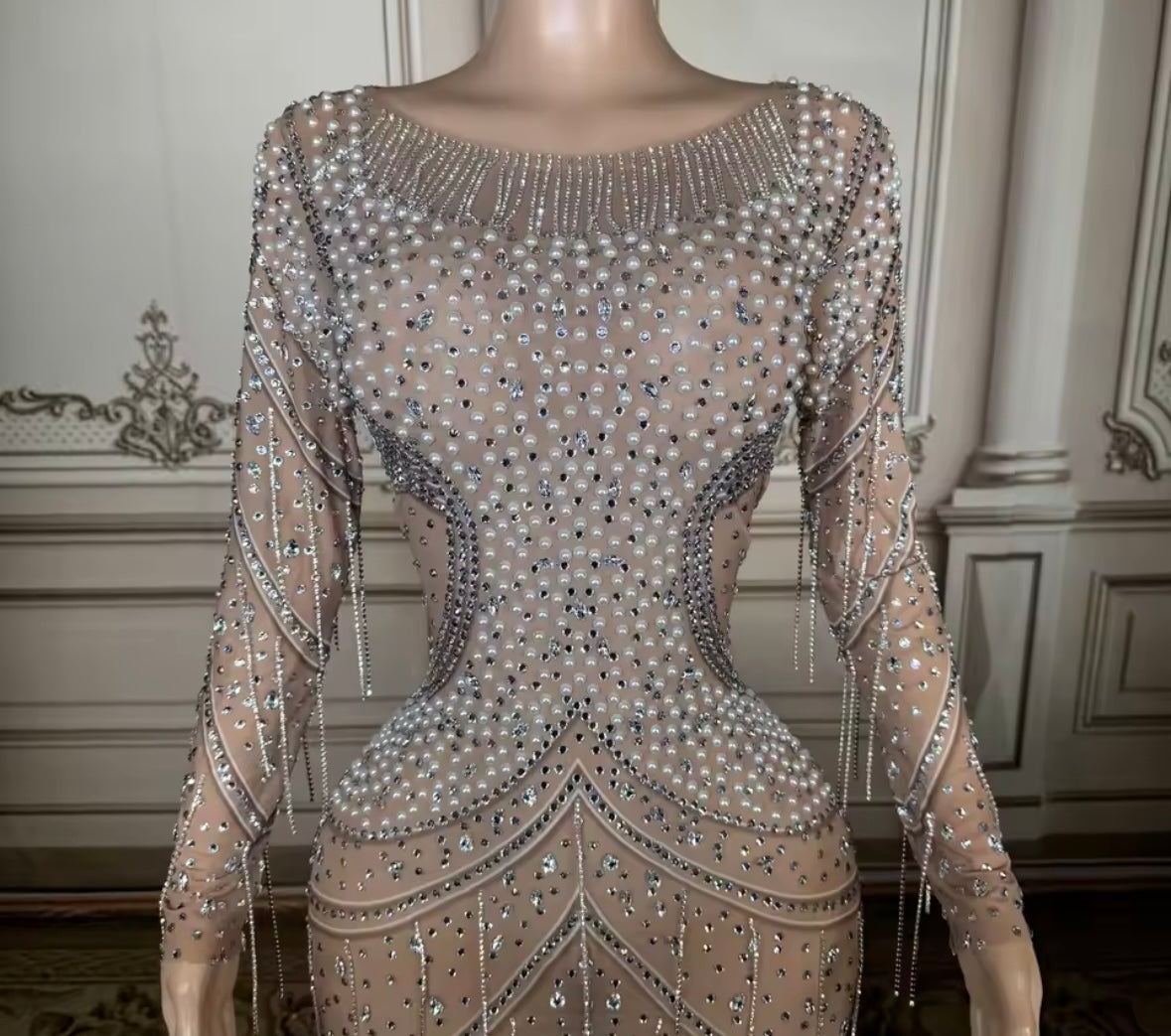 Sexy Pearl Rhinestone Full Sleeve See Through Maxi Dress