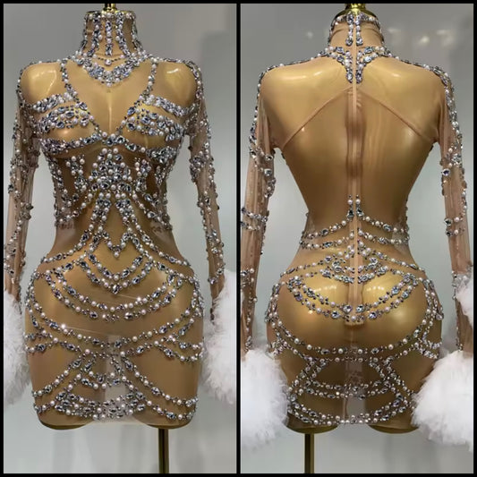 Sexy Pearl Rhinestone Ruffle Full Sleeve Short Dress