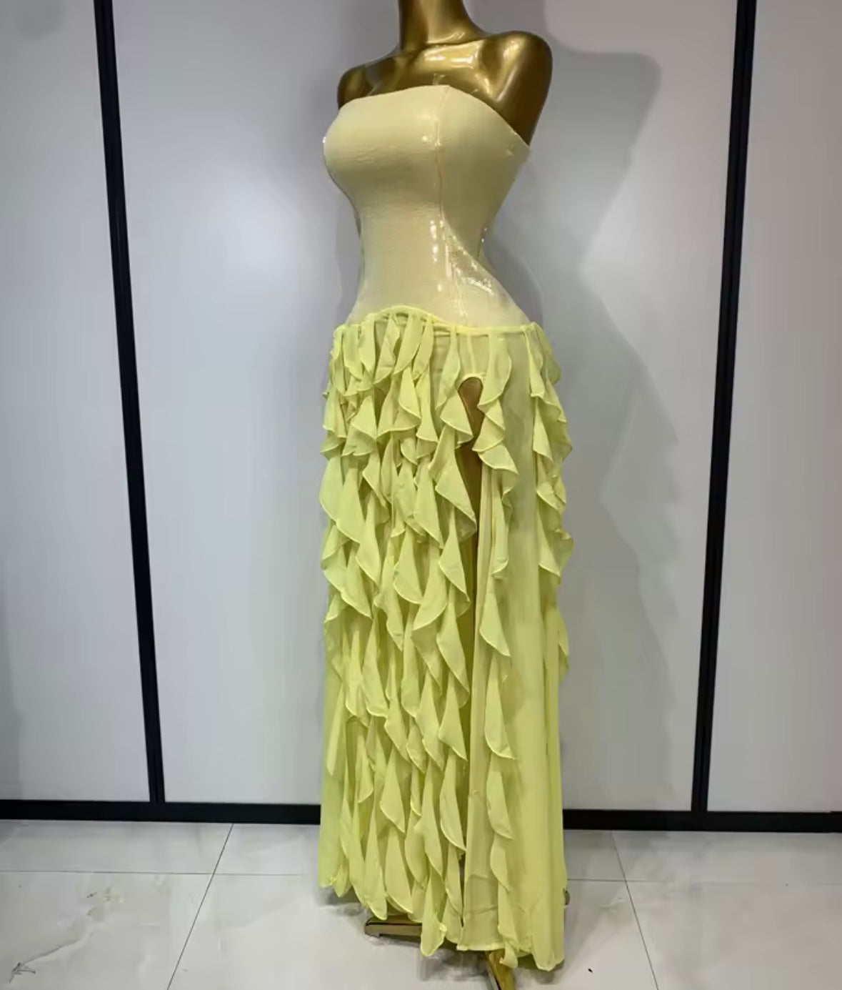 Sexy Strapless Yellow Sequins Ruffle Floor-Length Dress