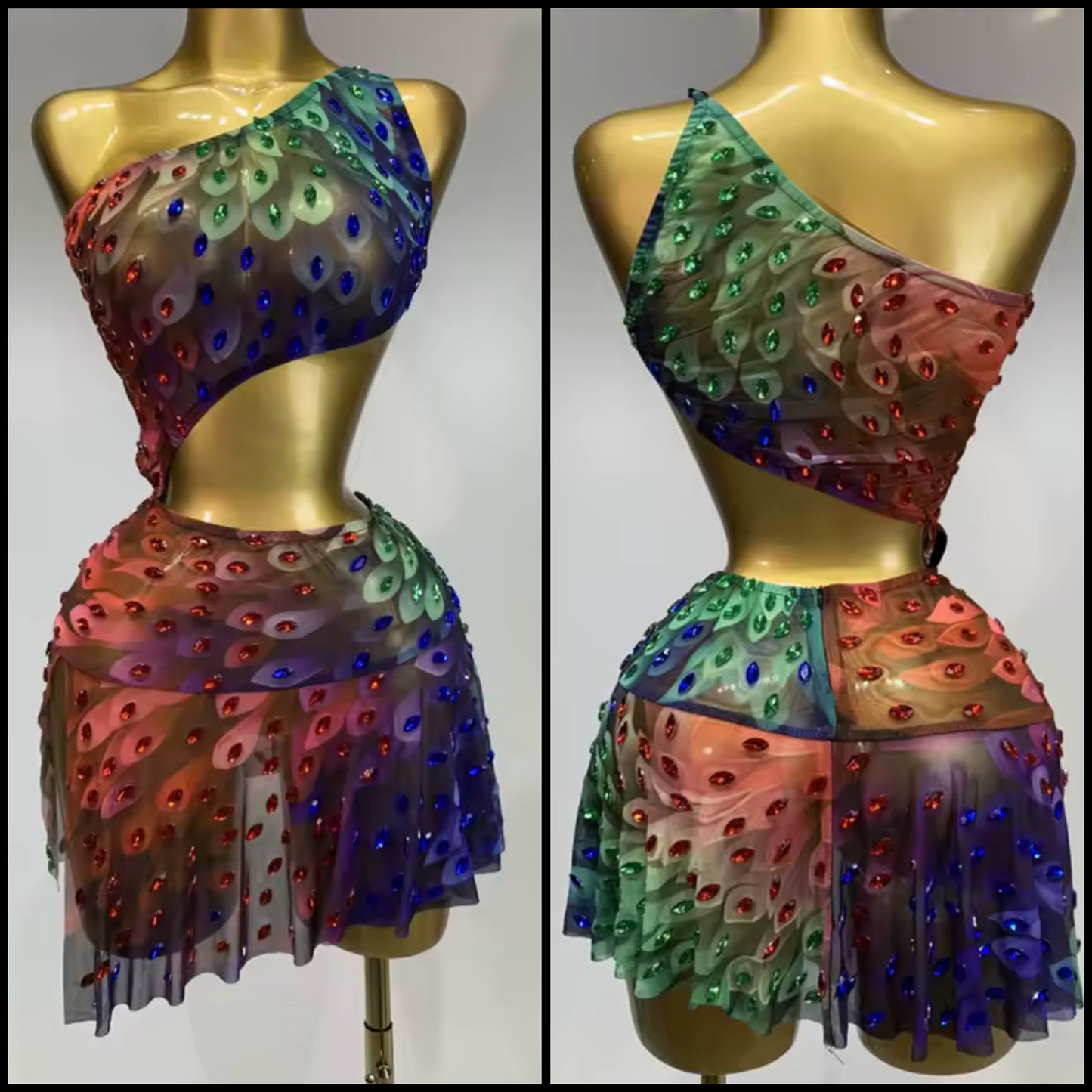 Sexy One Shoulder Sleeveless Colorful Crystal See Through Dress