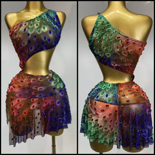 Sexy One Shoulder Sleeveless Colorful Crystal See Through Dress