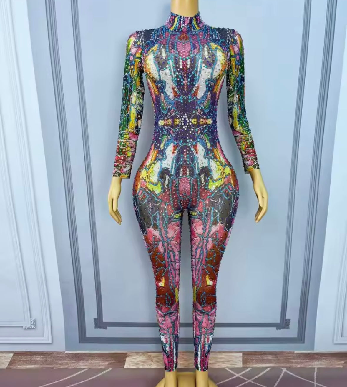 Multicolored Rhinestone Full Sleeve Jumpsuit