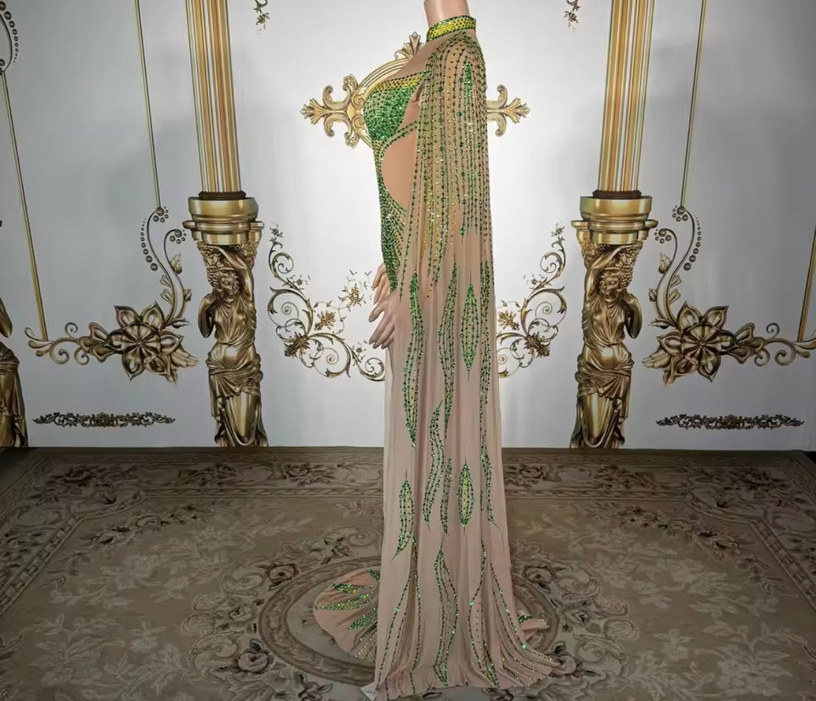 Sexy See Through Rhinestone Flare Sleeve Mermaid Dress