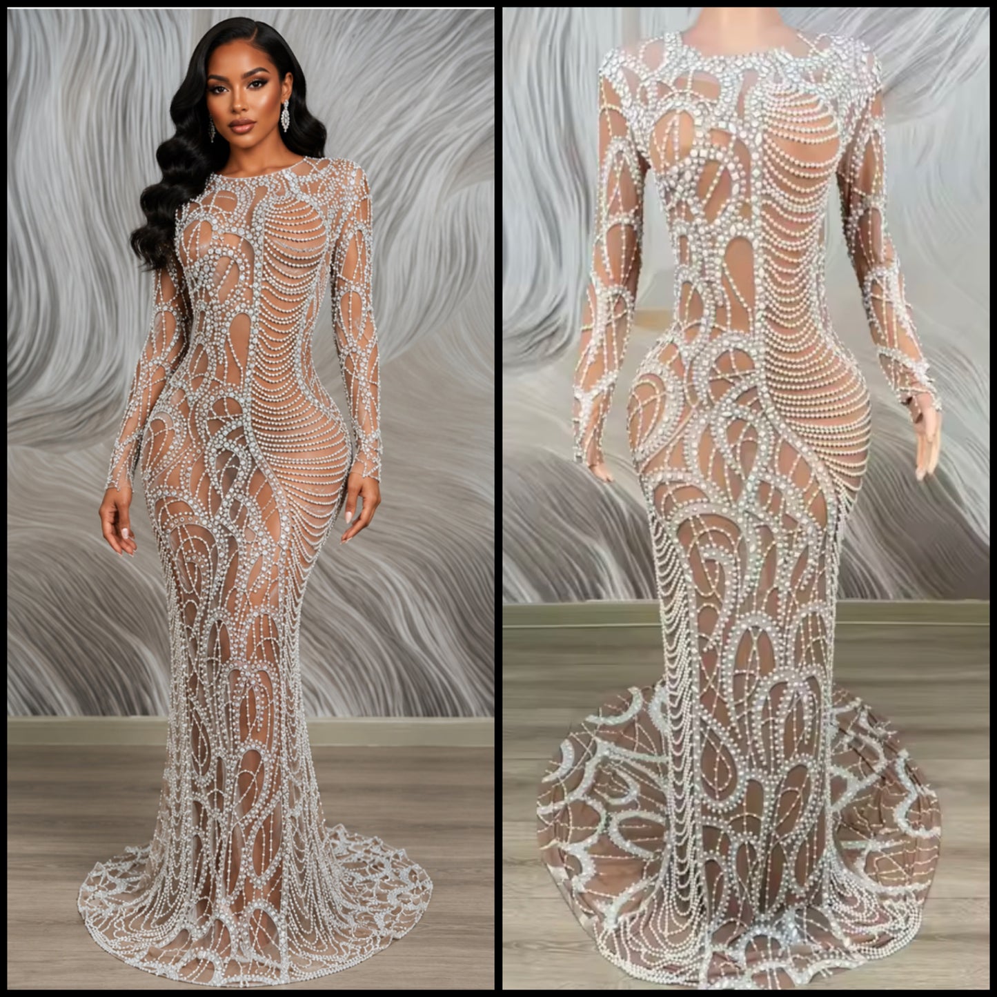 Elegant Pearl Rhinestone Embellishment Floor-Length Dress