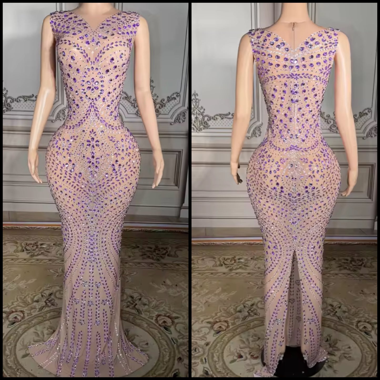 Sexy Sleeveless Purple Rhinestone Maxi Dress
