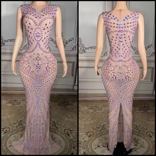 Sexy Sleeveless Purple Rhinestone Maxi Dress