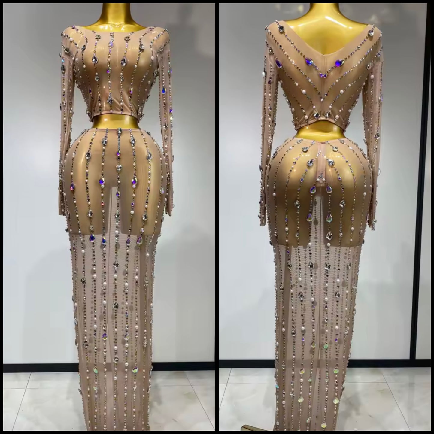 Sexy Beaded Color Crystal Full Sleeve Mesh Two Piece Maxi Skirt Set