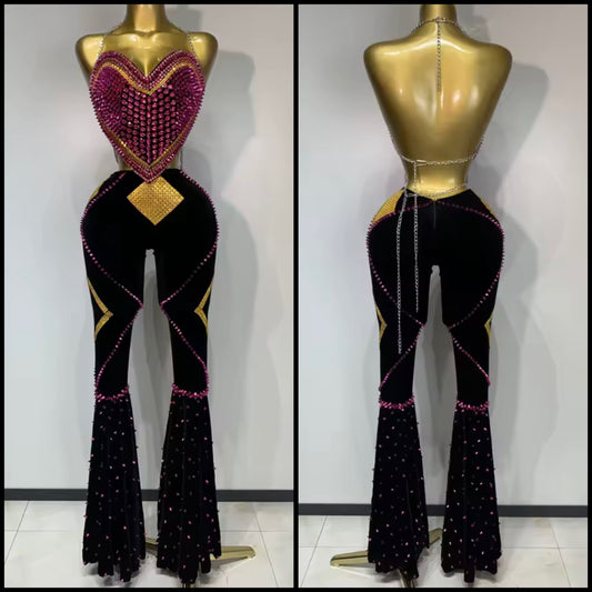 Chain Halter Sleeveless Heart Rhinestone Two Piece Pant Set