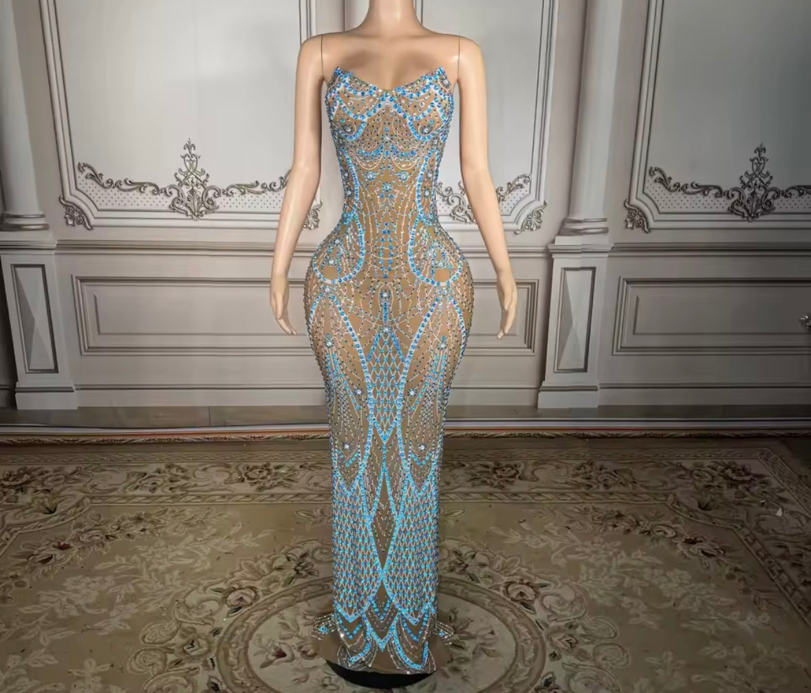 Sexy Strapless Blue Rhinestone See Through Maxi Dress