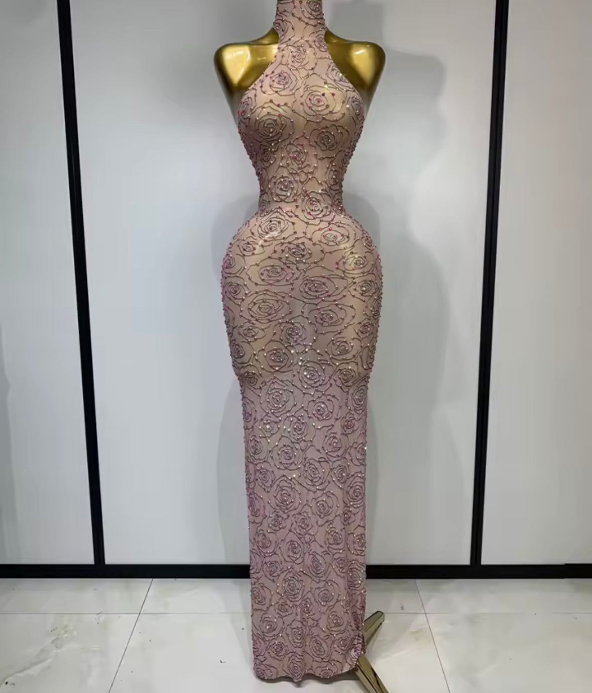 Sexy Printed Beaded Sleeveless See Through Floor-Length Dress