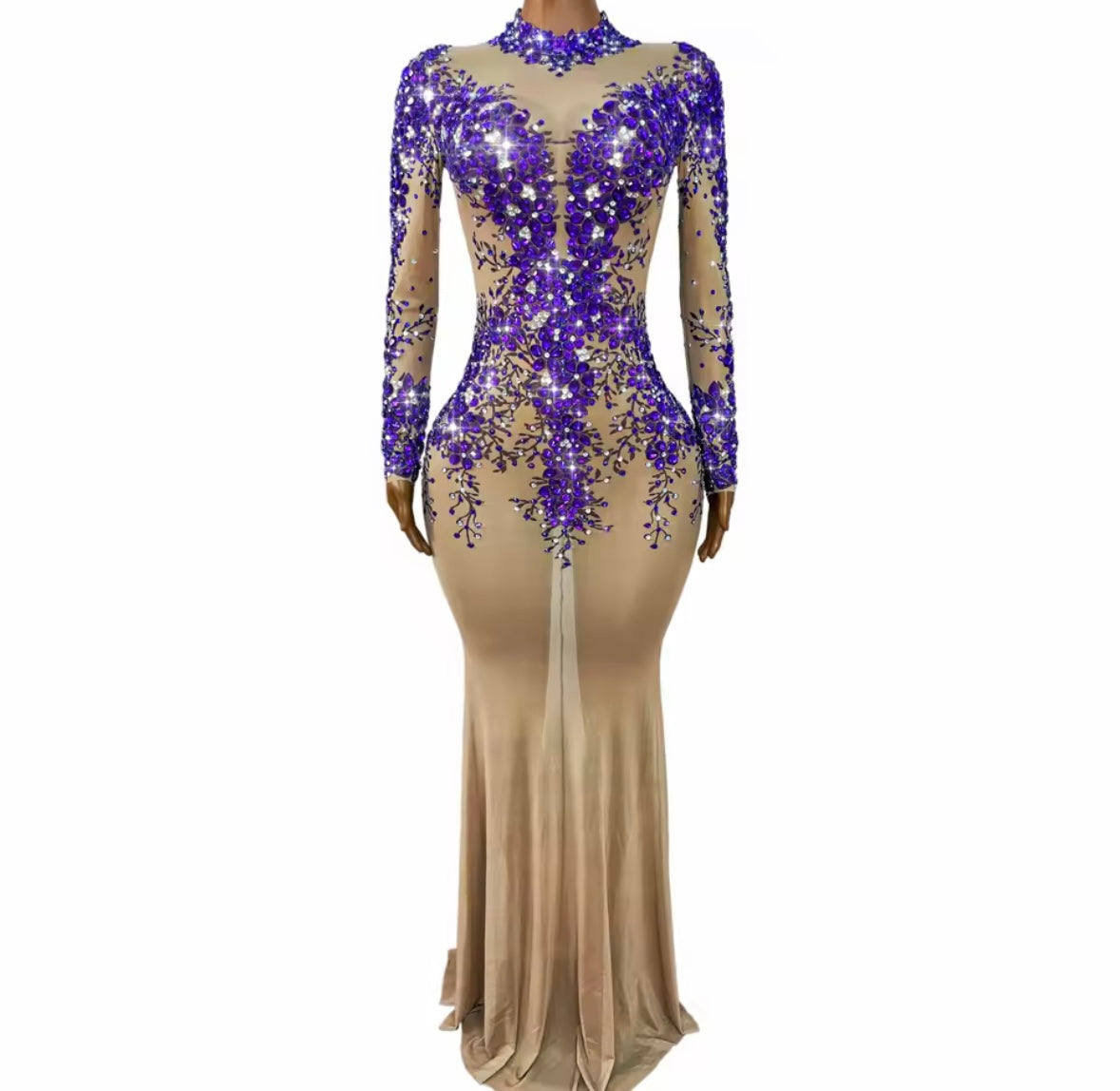 Sexy Purple Rhinestone Full Sleeve See Through Maxi Dress