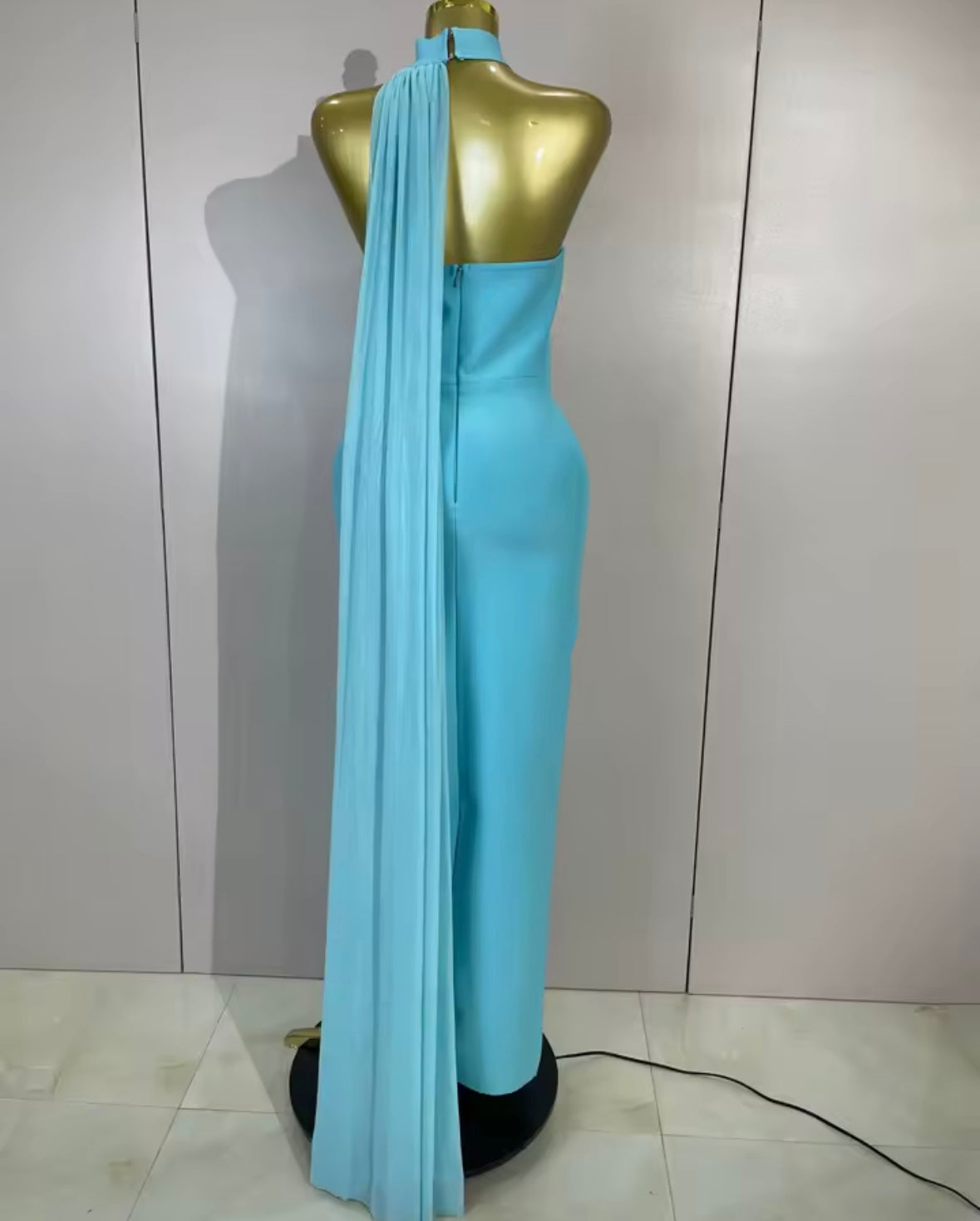 Blue Halter Scarf Sleeves Floral Rhinestone Embellishment Maxi Dress