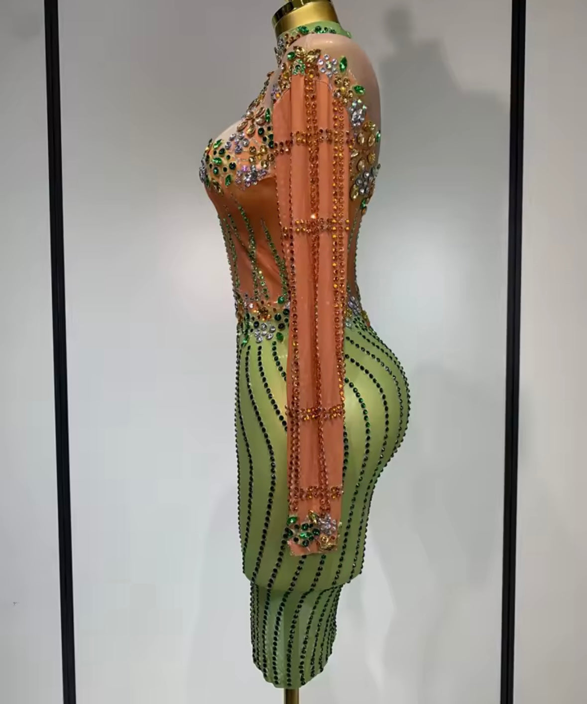 Sexy Color Block Rhinestone Full Sleeve Dress
