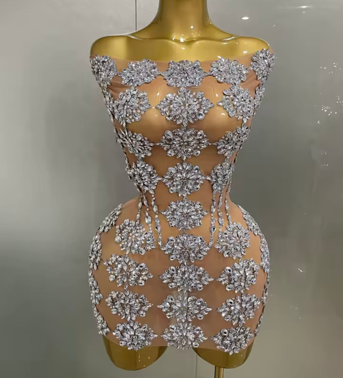 Sexy Strapless See Through Rhinestone Embellishment Dress