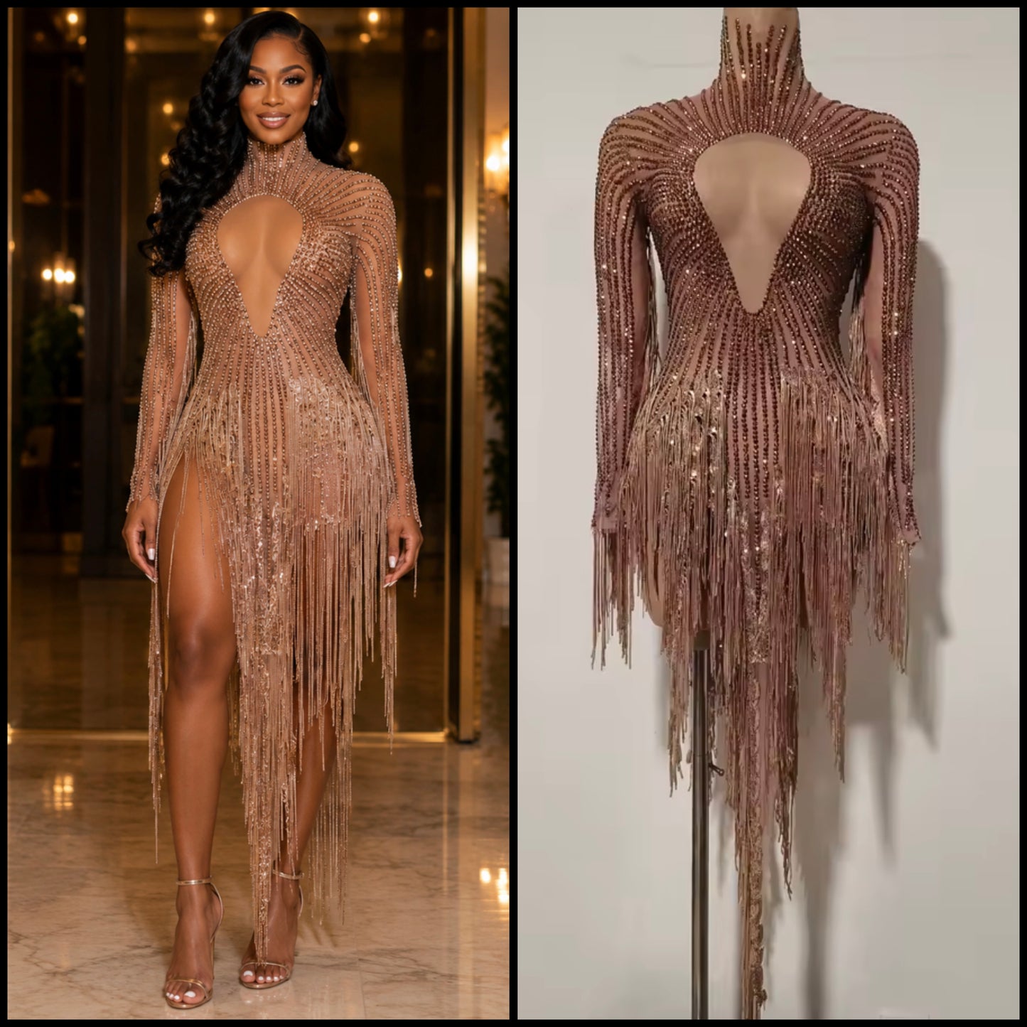 Sexy Gold Rhinestone Fringe Tassel Asymmetrical Dress