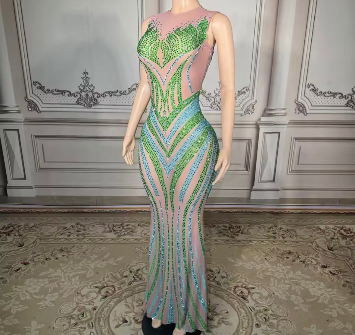 Sexy Rhinestone Sleeveless Floor-Length Dress