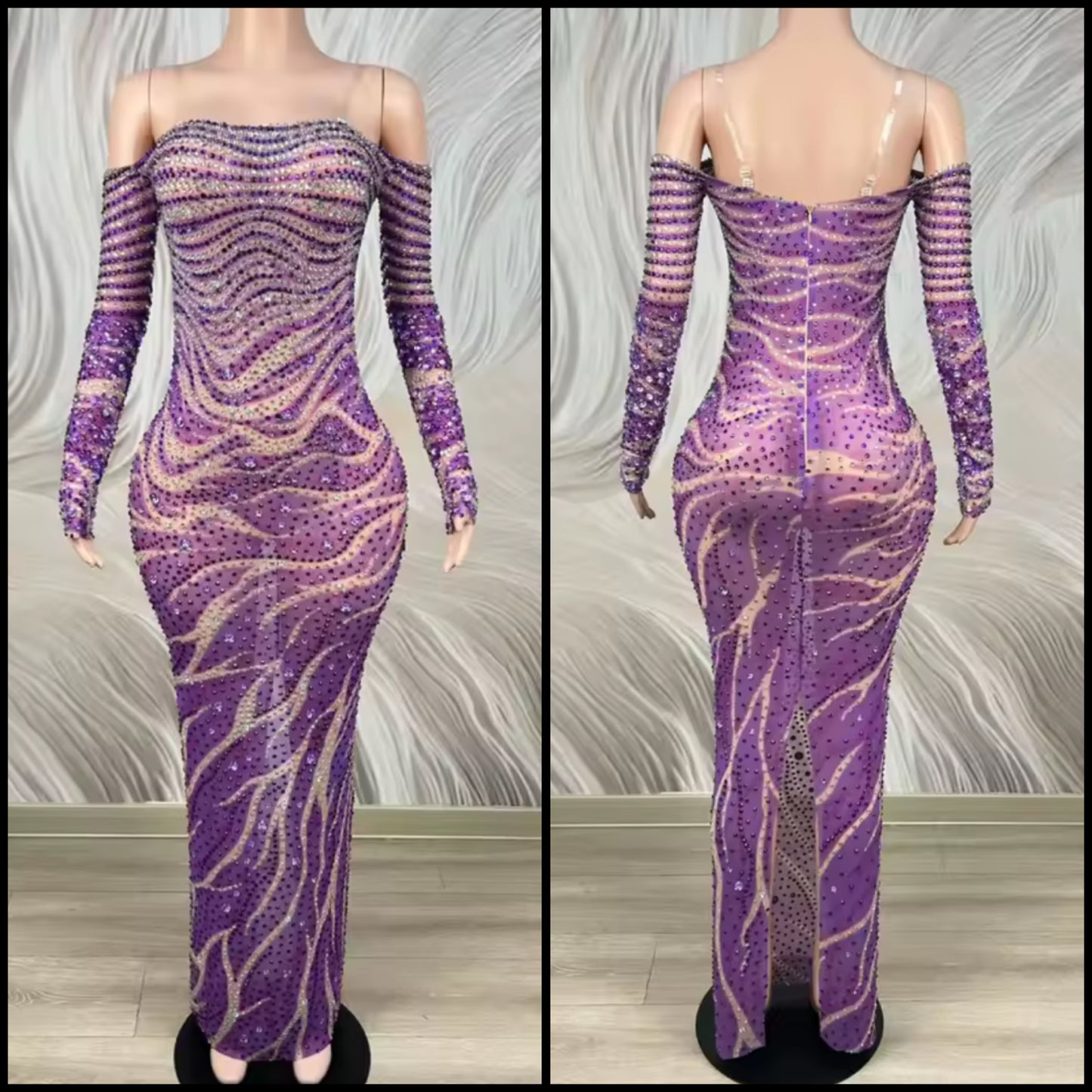 Purple Sexy Off The Shoulder See Through Rhinestone Maxi Dress