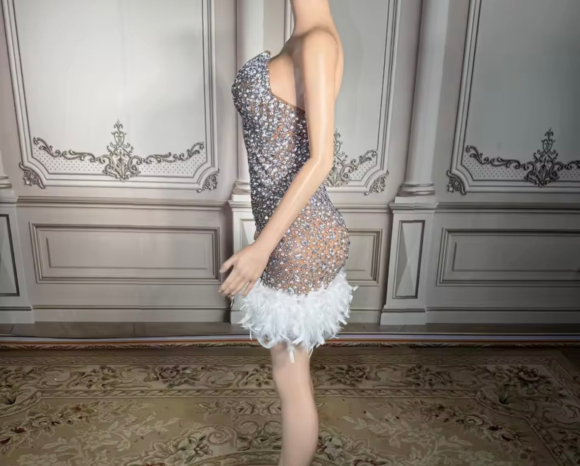 Sexy Sleeveless Rhinestone Feather Dress