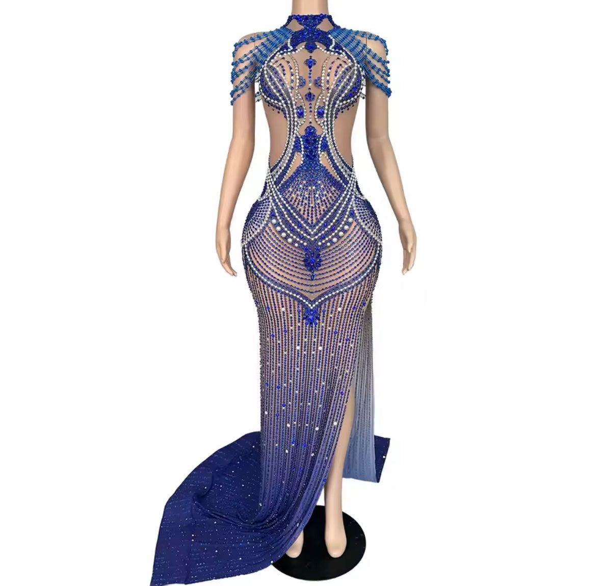 Pearl Rhinestone Embellishment Blue Sexy Floor-Length Dress