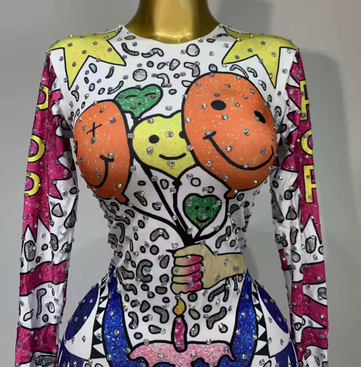 Multicolored Print Rhinestone Full Sleeve White Jumpsuit