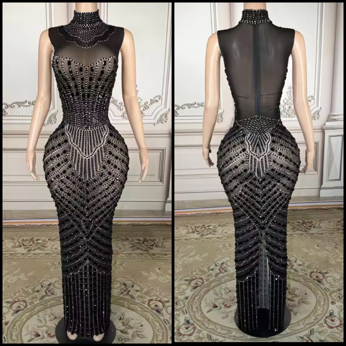 Sexy Sleeveless Black Rhinestone Embellishment Maxi Dress