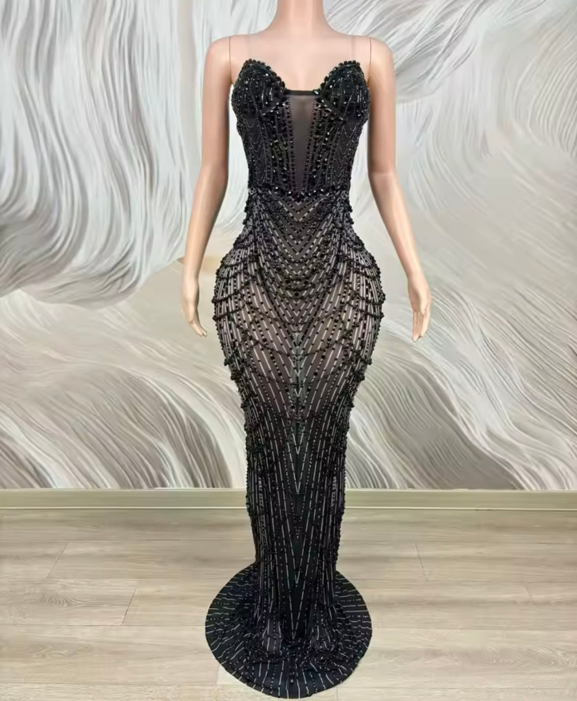 Black Sexy Strapless Beaded Crystal Floor-Length Dress