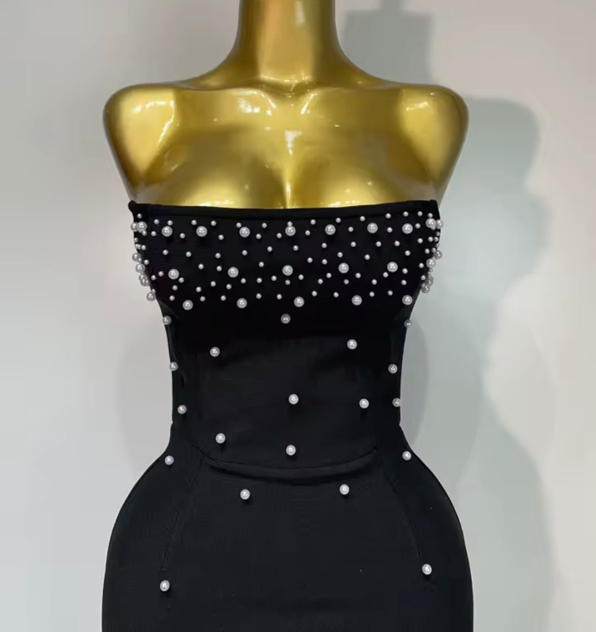 Black Strapless Elegant Pearl Rhinestone Tassel Dress