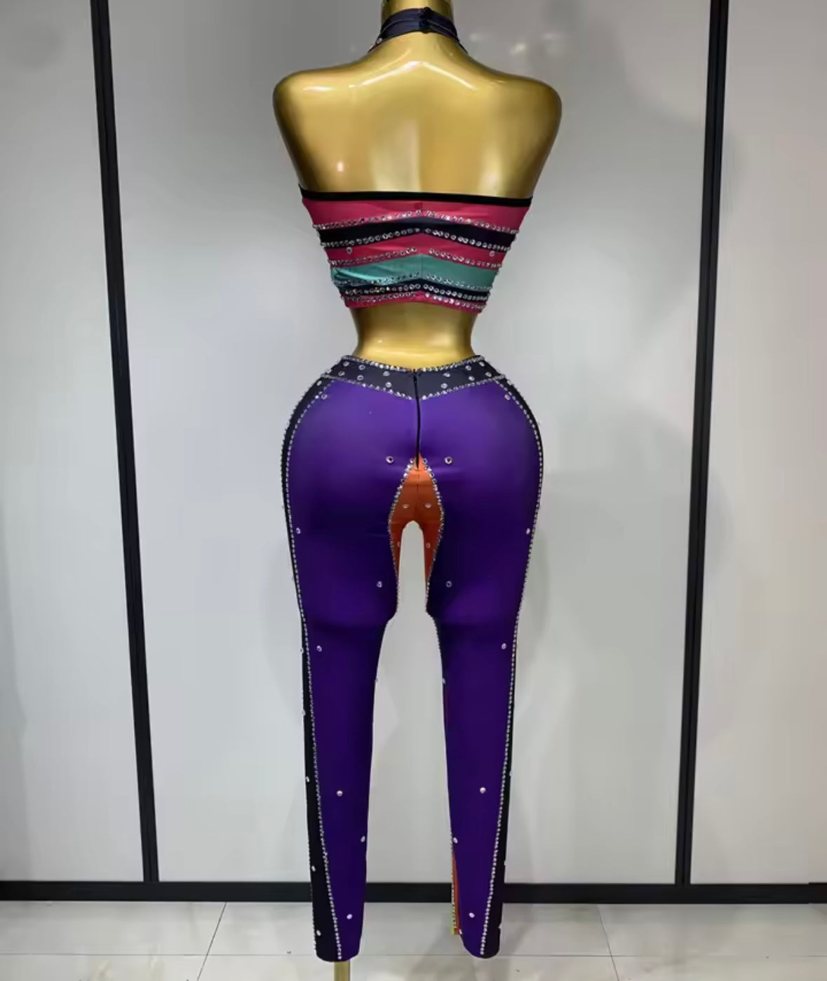 Sexy Multicolored Halter Crop Rhinestone Pant Set