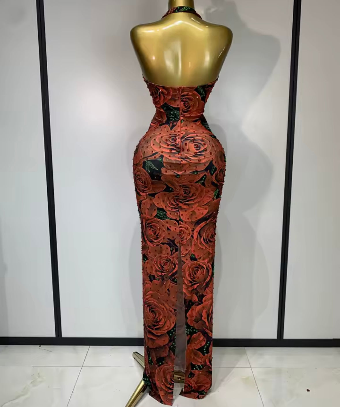 Sexy Halter Sleeveless Floral Rhinestone Maxi Dress