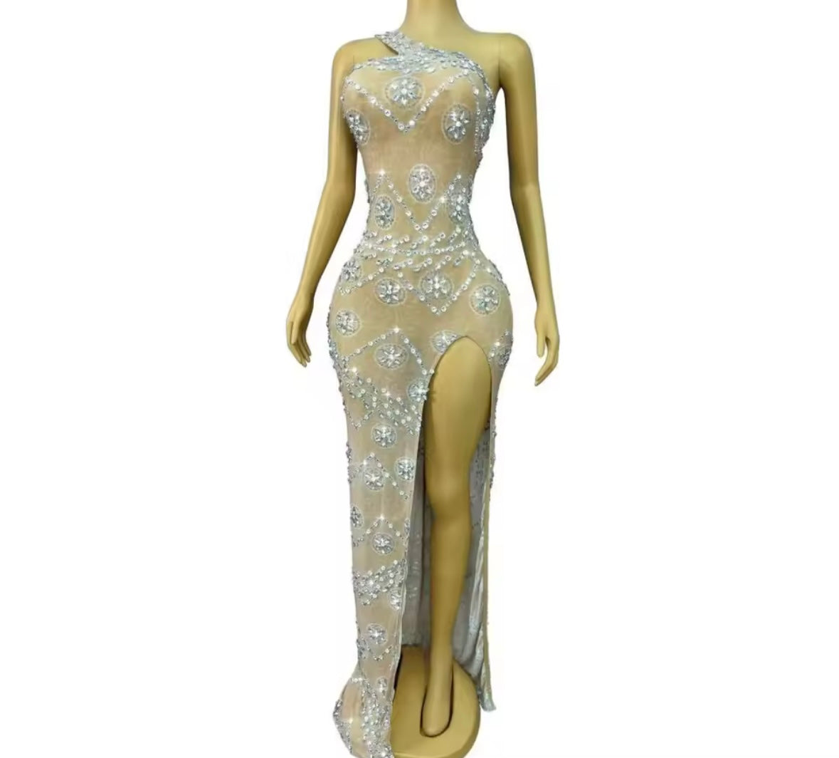 Sexy One Shoulder Sleeveless Rhinestone Side Split Maxi Dress