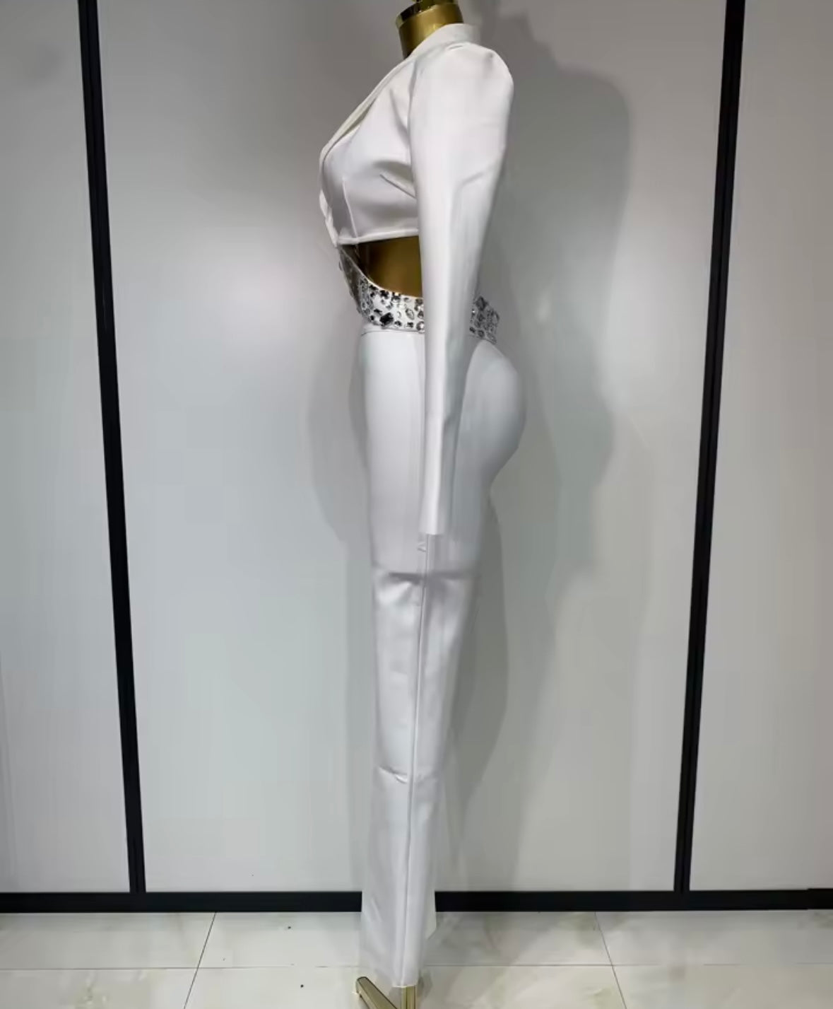 Sexy Crystal Beaded Embellished Band Blazer Two Piece Pant Set