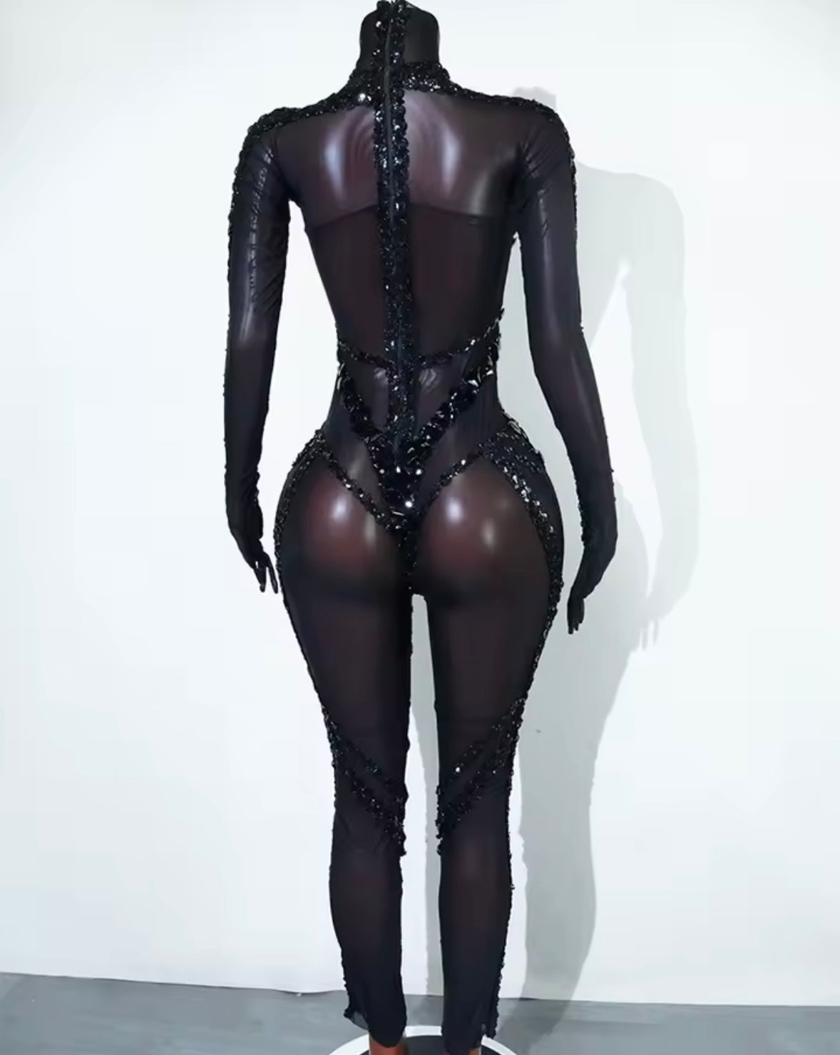 Sexy Beaded Crystal Full Sleeve See Through Jumpsuit