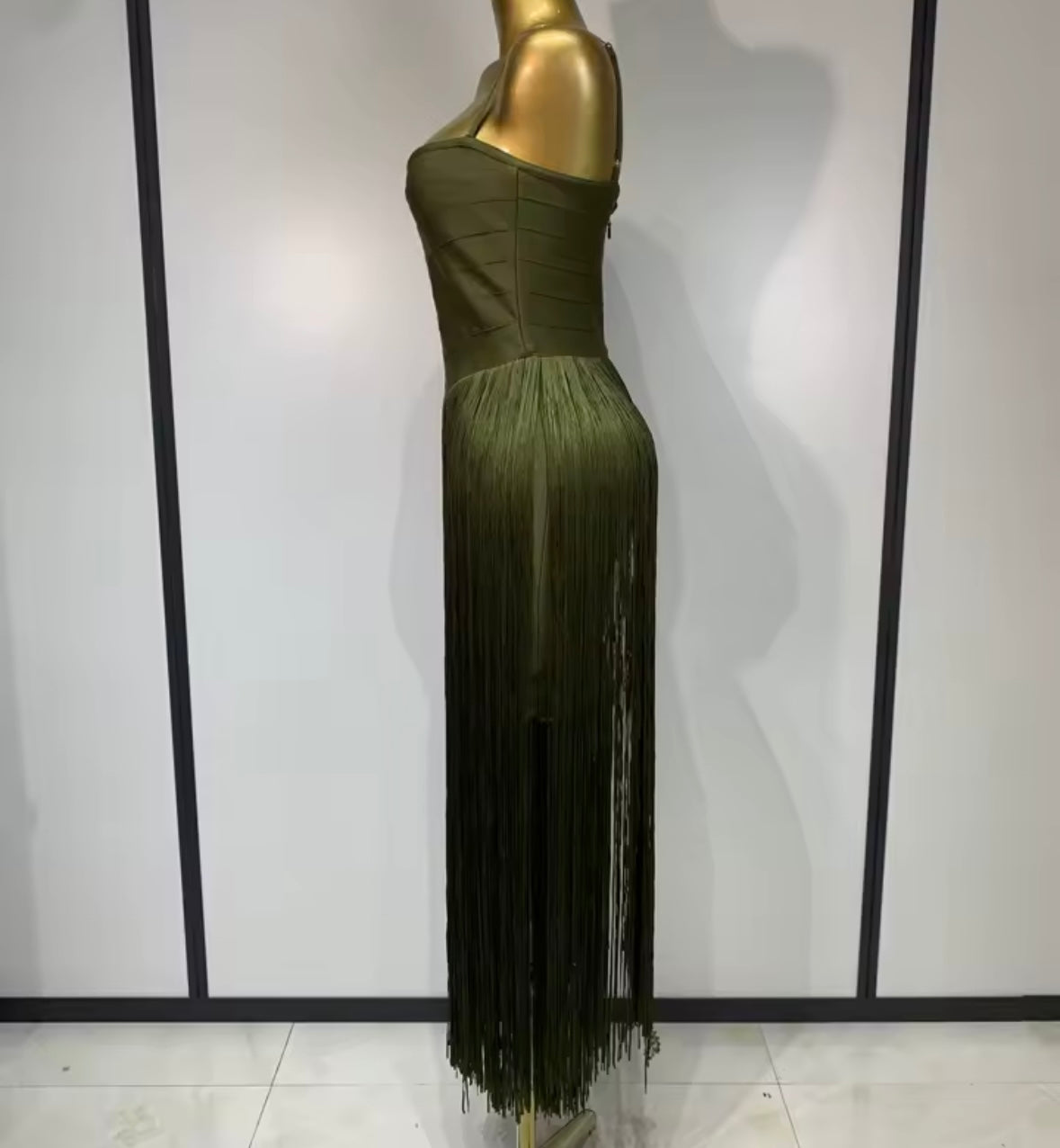 Women Green Sleeveless Fringe Tassel Sexy Maxi Dress