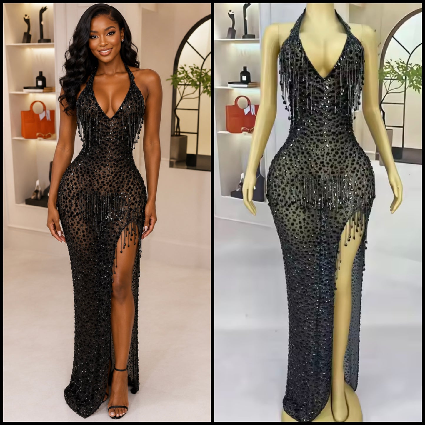 Sexy Sleeveless Rhinestone Tassel Side Split Maxi Dress