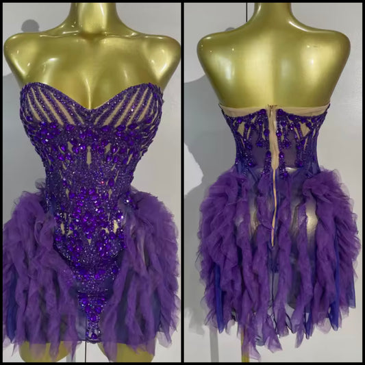 Sexy Strapless Purple Rhinestone Ruffle Dress